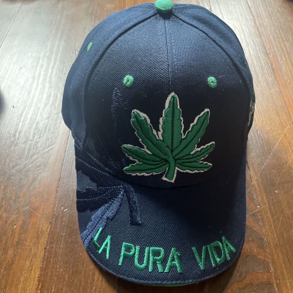 NEW LA PURA VIDA Cannabis Pot Leaf Hat Baseball Cap  Marijuana Navy